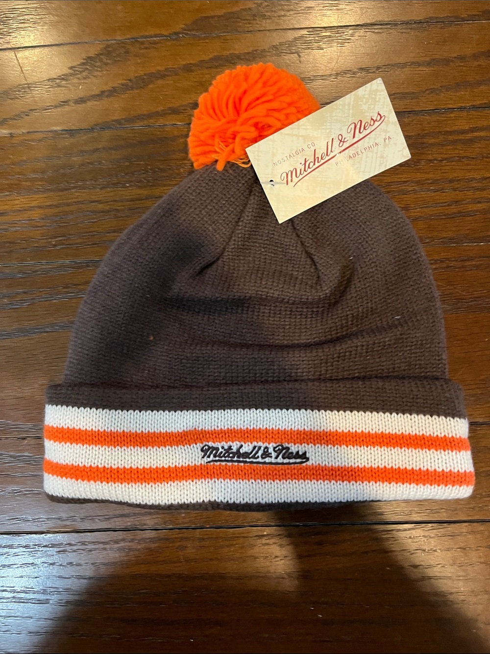 Mitchell & Ness Kids Brown Knit Pom Beanie with Orange and White Stripes